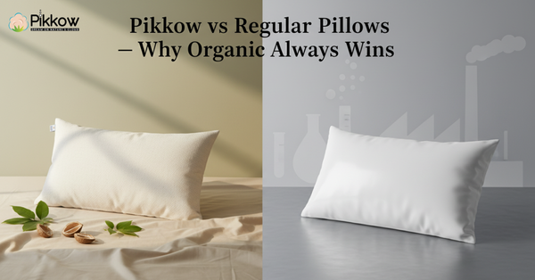 Comparison of Pikkow organic kapok pillow vs regular foam pillow showing eco-friendly and health benefits